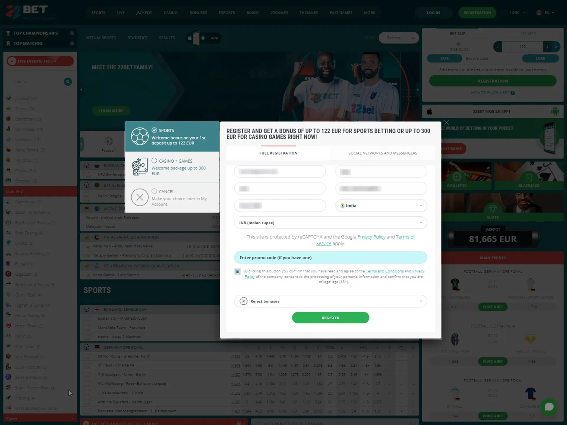 How to register in 22bet